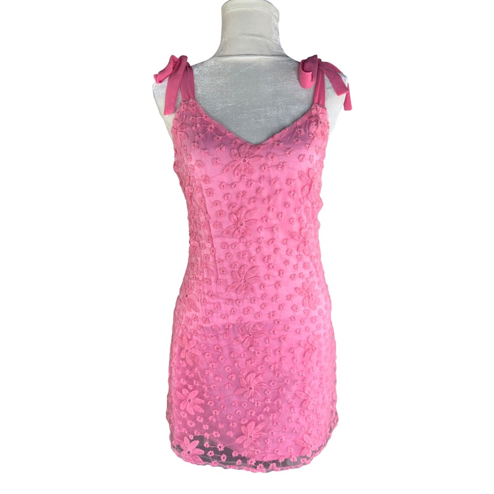 Blue Rain Pink Floral Embroidered Mini Dress Tie Shoulder Straps Small